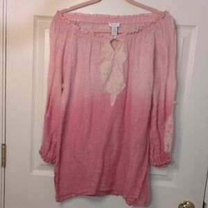 Chico's Pink Ombre Blouse with Lace Accents, Size 0/ SM Semi-sheer 100% Linen!